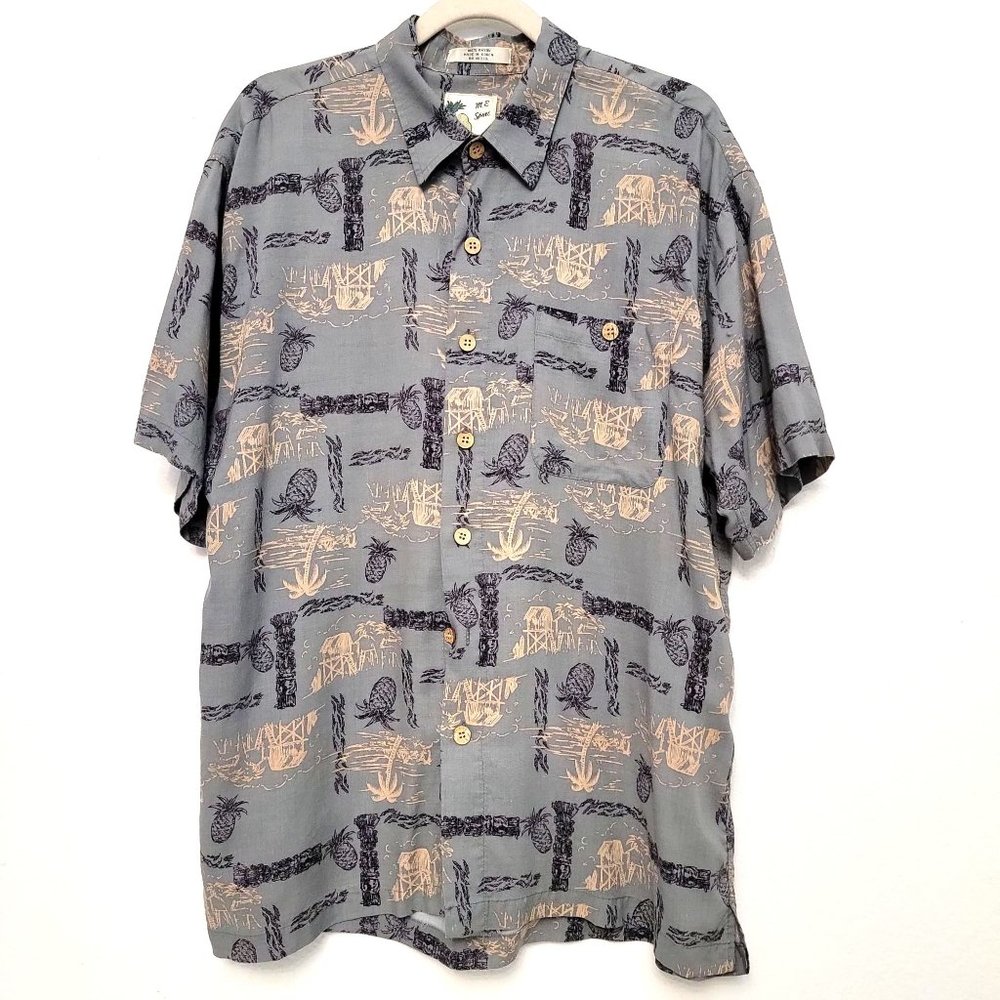 M.E. Sport Vintage 80s Gray Hawaiian Print Short Sleeve Button Up Shirt Size XL